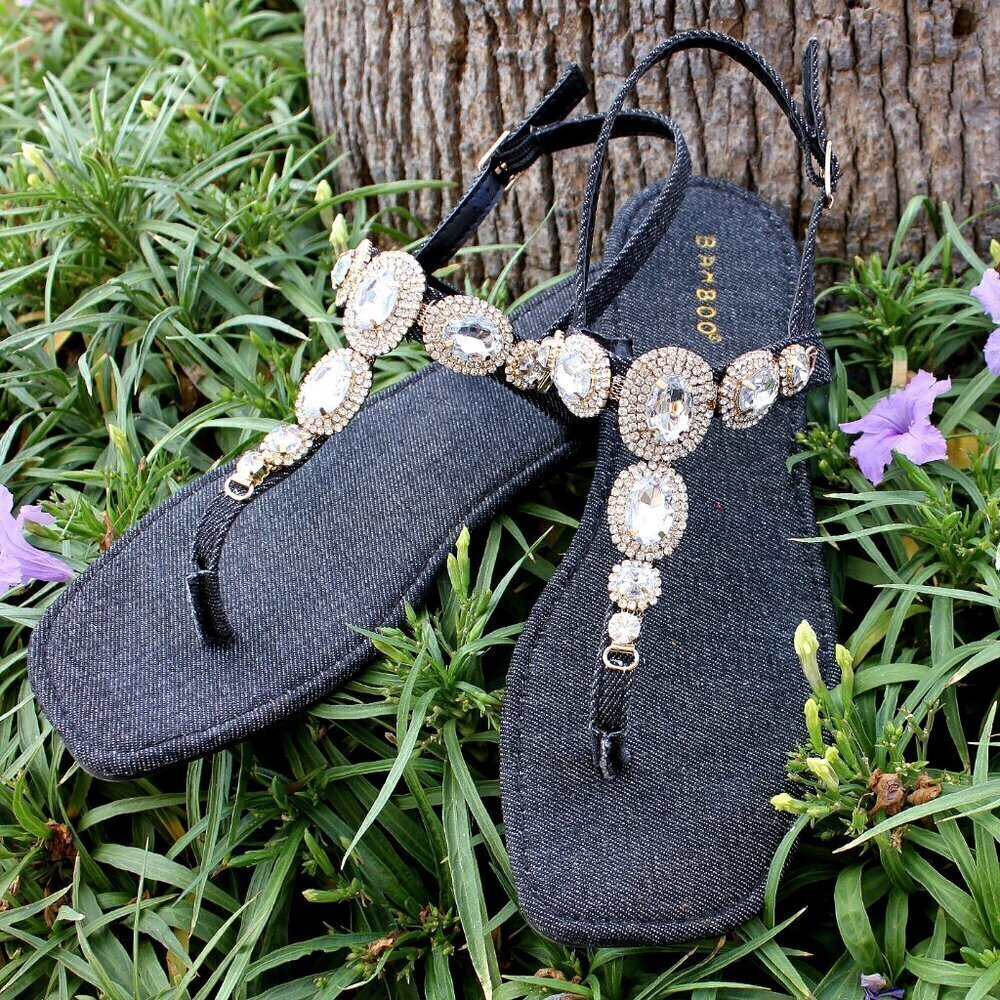 Jeweled Dark Black Denim Dressy Strap Bling Gold Accent Sandals Size 7/7.5/8/8.5 - Picture 12 of 12